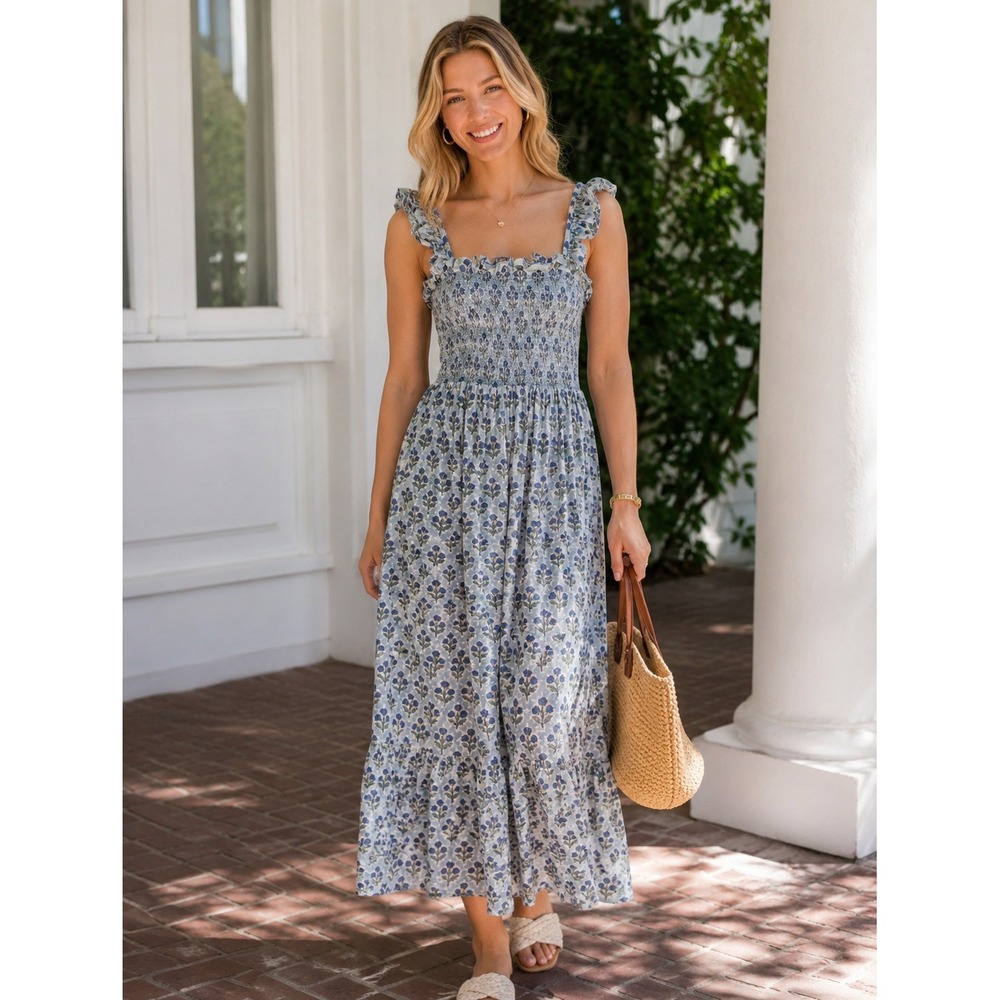 Marea by Liz Joy Sasco Dress Atlantic Bordeaux Blue Floral Smocked Midi- Small